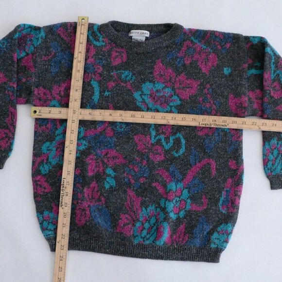 Vintage White Oaks Grey w Pink Teal Floral Knit Crewneck Sweater M - Picture 4 of 13